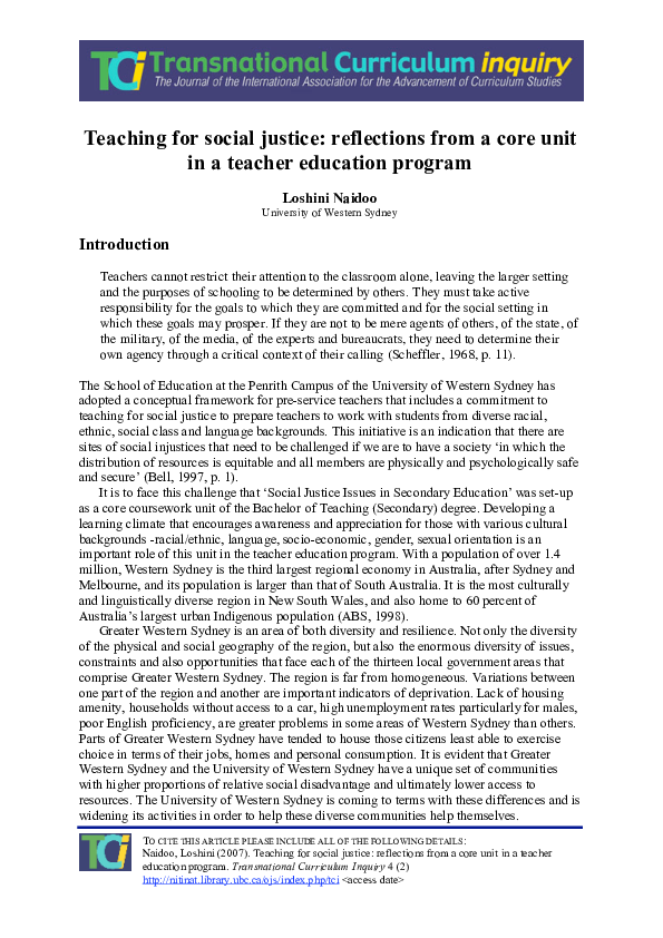 (PDF) Teaching for social justice: reflections from a core unit in a ...