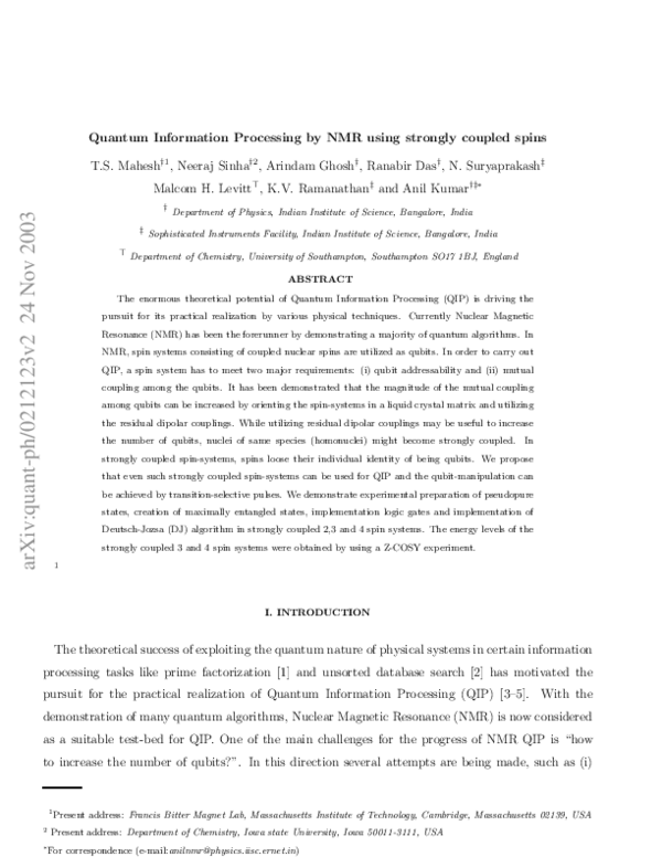 (PDF) Quantum Information Processing by NMR Using Strongly Coupled Spins