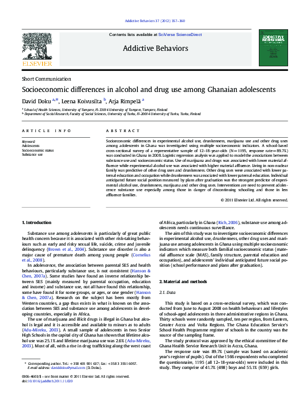 (PDF) Socioeconomic differences in alcohol and drug use among Ghanaian ...