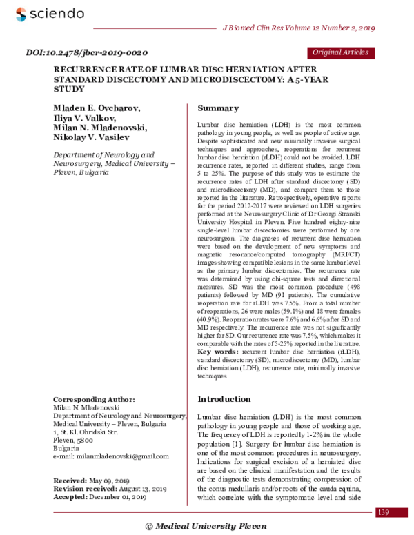 (PDF) Recurrence Rate of Lumbar Disc Herniation After Standard