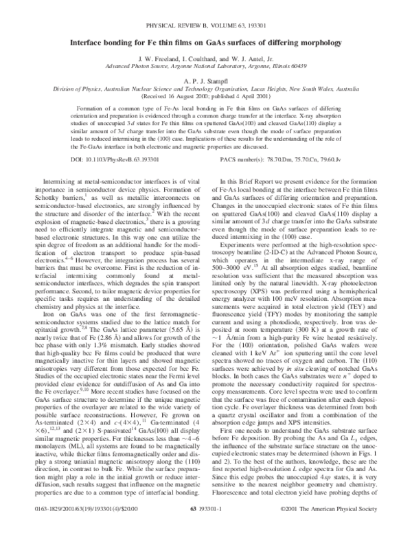 (PDF) Interface bonding for Fe thin films on GaAs surfaces of differing ...