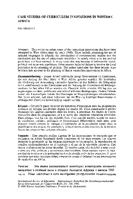 (PDF) Case studies of curriculum innovations in Western Africa