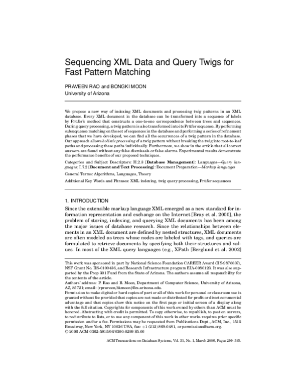 (PDF) Sequencing XML data and query twigs for fast pattern matching