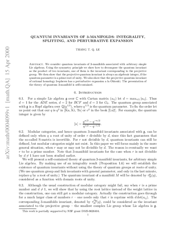 (PDF) Quantum invariants of 3-manifolds: Integrality, splitting, and ...