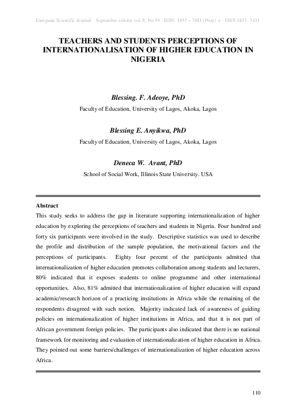 (PDF) Teachers and Students Perceptions of Internationalisation of ...