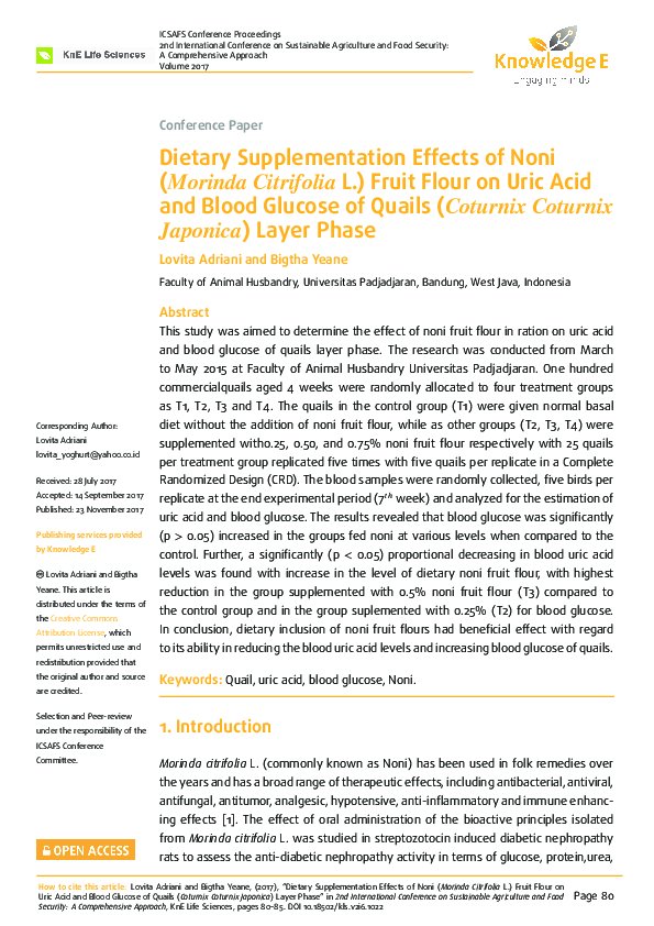 (PDF) Dietary Supplementation Effects of Noni (Morinda Citrifolia L.) Fruit Flour on Uric Acid