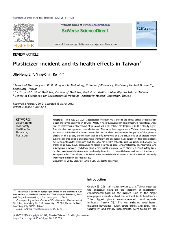 (PDF) Plasticizer incident and its health effects in Taiwan
