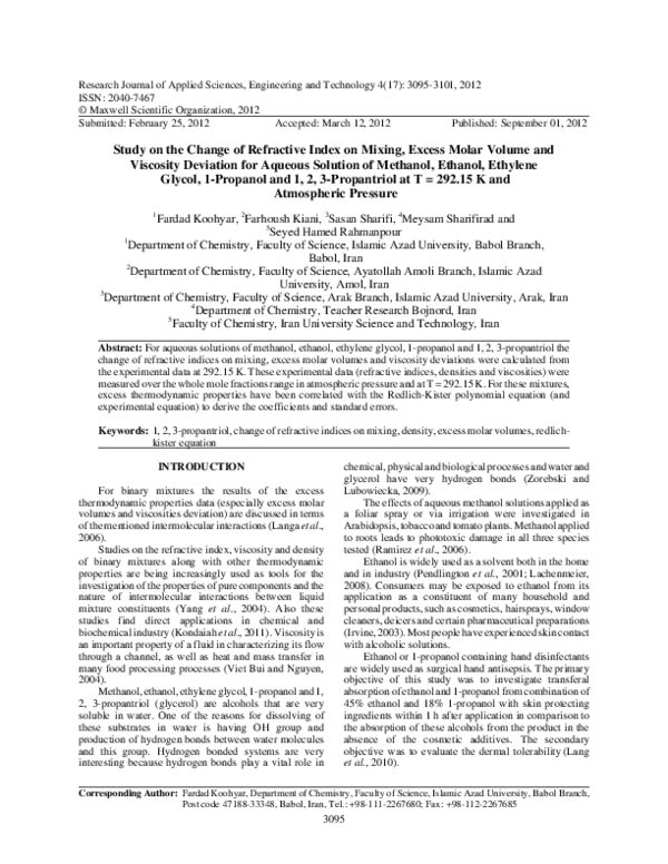 (PDF) Study on the Change of Refractive Index on Mixing, Excess Molar ...