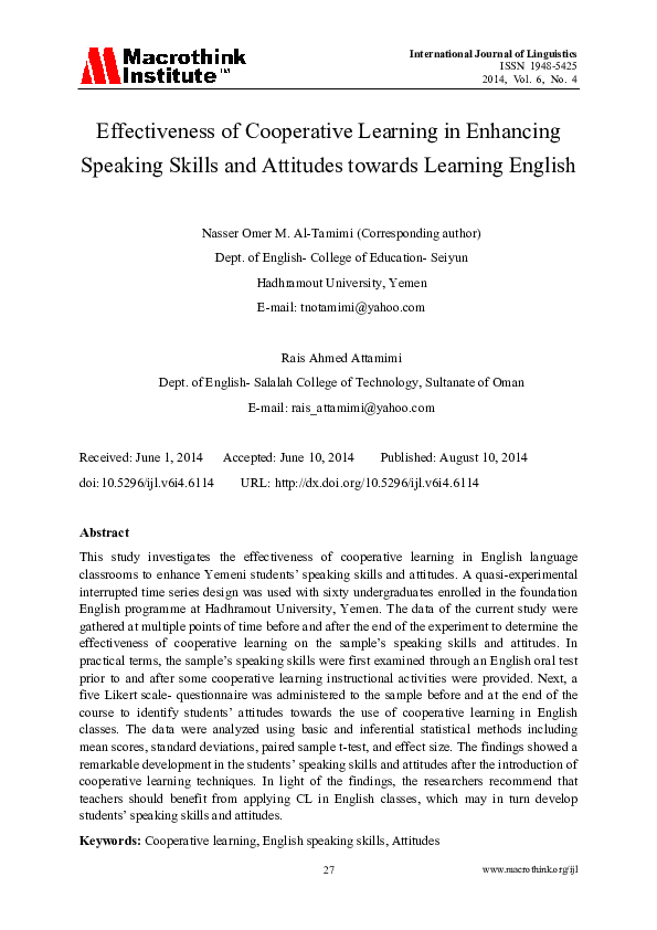 (PDF) Effectiveness of Cooperative Learning in Enhancing Speaking ...