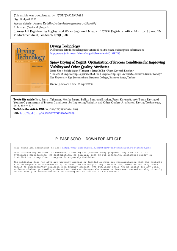 (PDF) Spray Drying of Yogurt Optimization of Process Conditions for