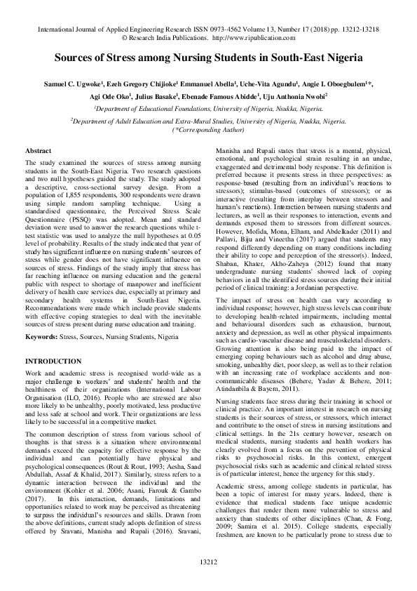 (PDF) Sources of Stress among Nursing Students in South-East Nigeria