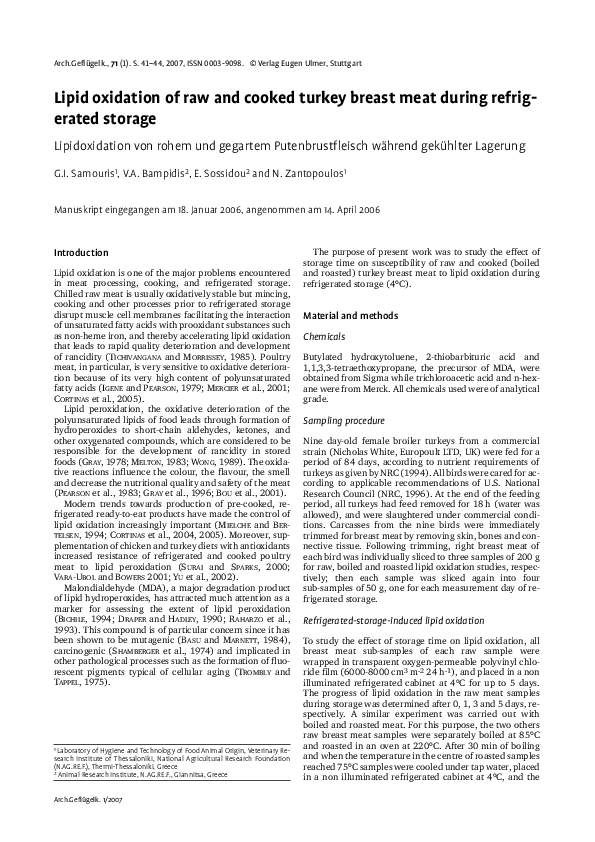 (PDF) Lipid oxidation of raw and cooked turkey breast meat during refrigerated storage E