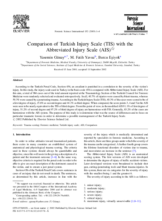 (PDF) Comparison of Turkish Injury Scale (TIS) with the Abbreviated ...