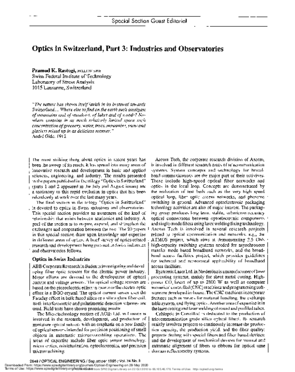 (PDF) Guest Editorial: Special Section on Optics in Switzerland, Part 1 ...