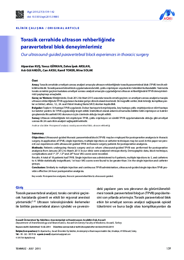 (PDF) Our ultrasound guided paravertebral block experiences in thoracic ...