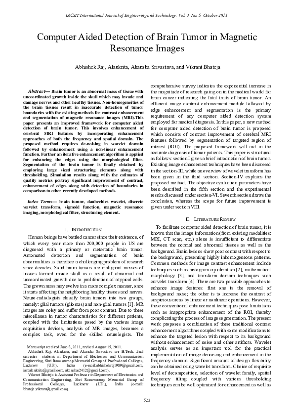 (PDF) Computer Aided Detection of Brain Tumor in Magnetic Resonance ...