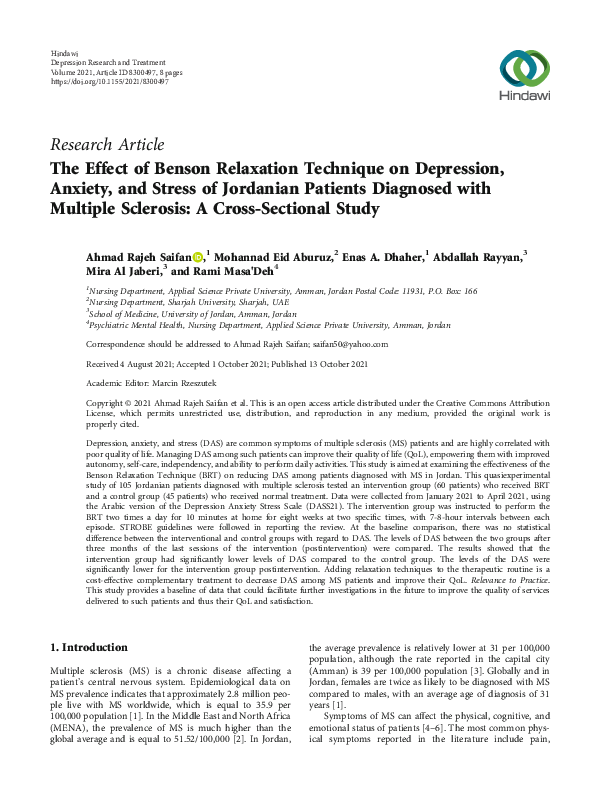 (PDF) The Effect of Benson Relaxation Technique on Depression, Anxiety ...