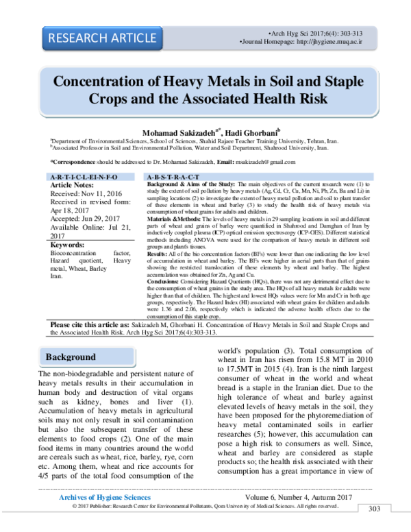 (PDF) Concentration of Heavy Metals in Soil and Staple Crops and the ...