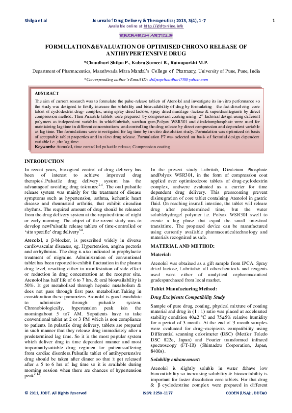 (PDF) Formulation & Evaluation of Optimised Chrono Release of ...