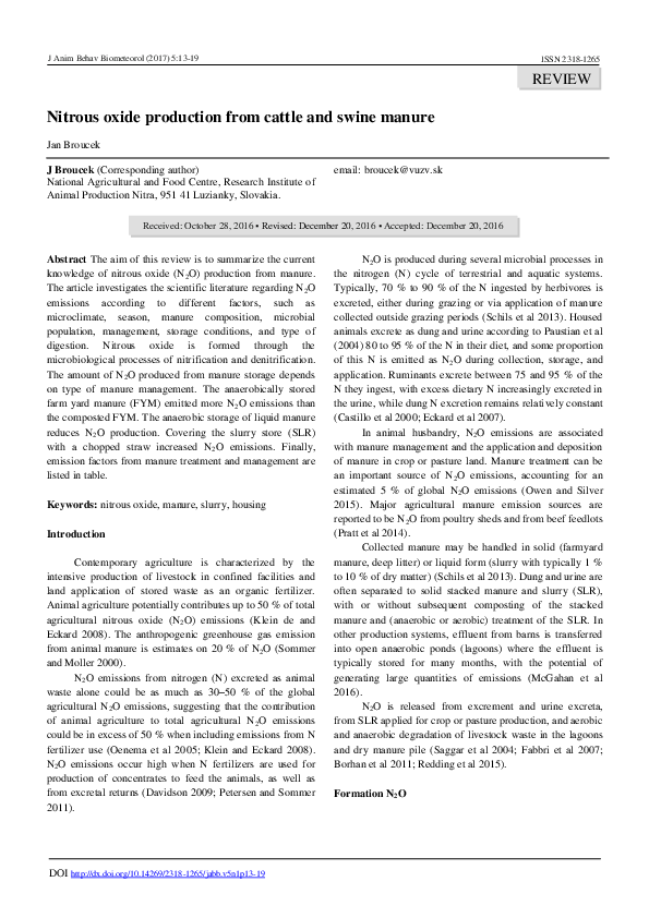 (PDF) Nitrous oxide production from cattle and swine manure
