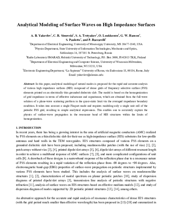(PDF) Analytical Modeling of Surface Waves on High Impedance Surfaces