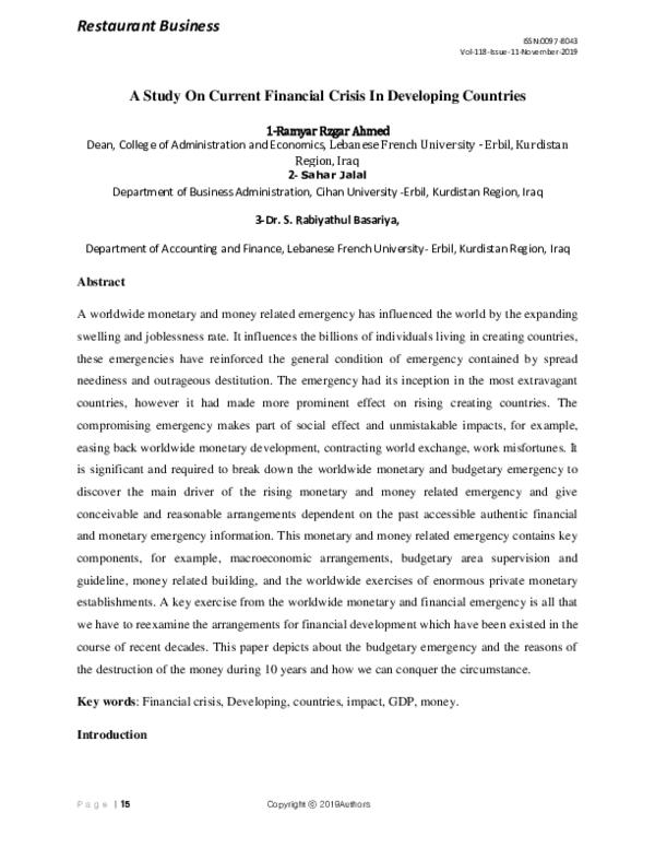 (PDF) A Study On Current Financial Crisis In Developing Countries