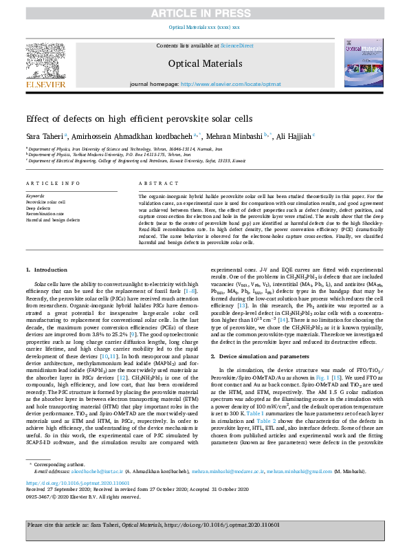 (PDF) Effect of defects on high efficient perovskite solar cells