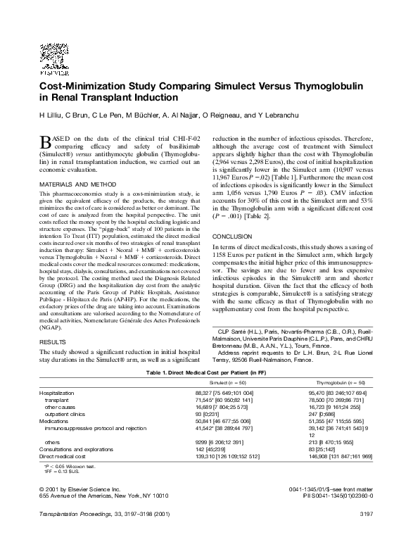 (PDF) Costminimization study comparing simulect versus thymoglobulin