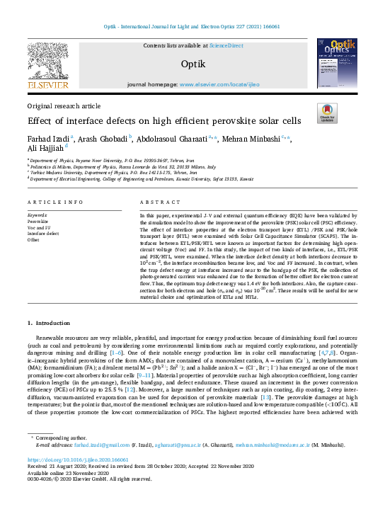 (PDF) Effect of interface defects on high efficient perovskite solar cells