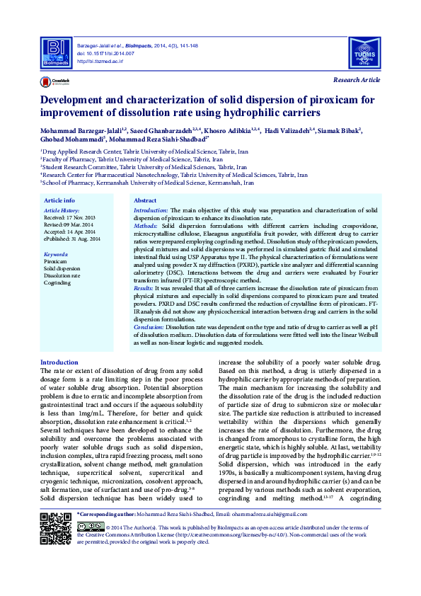(PDF) Development and characterization of solid dispersion of piroxicam ...