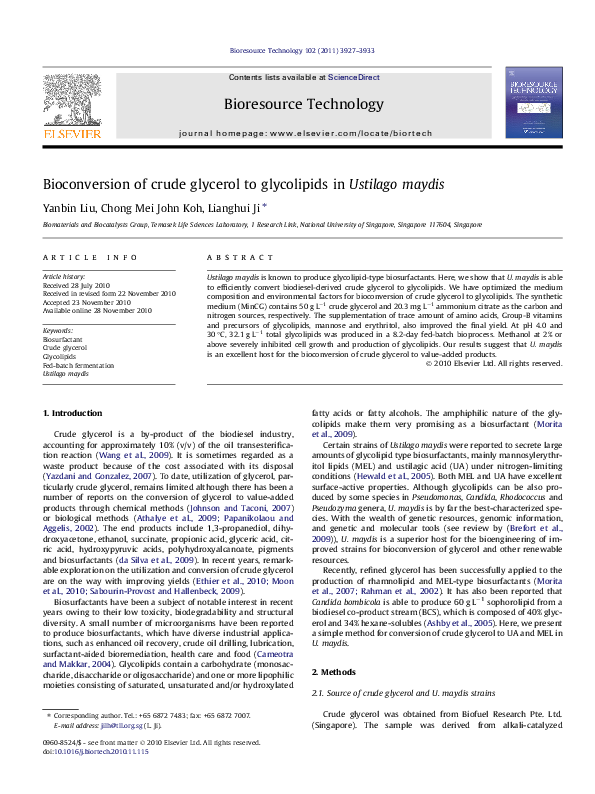 (PDF) Bioconversion of crude glycerol to glycolipids in Ustilago maydis