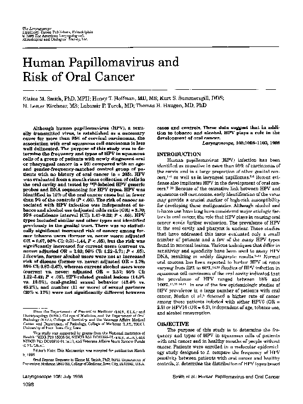 (PDF) Human papillomavirus and risk of oral cancer