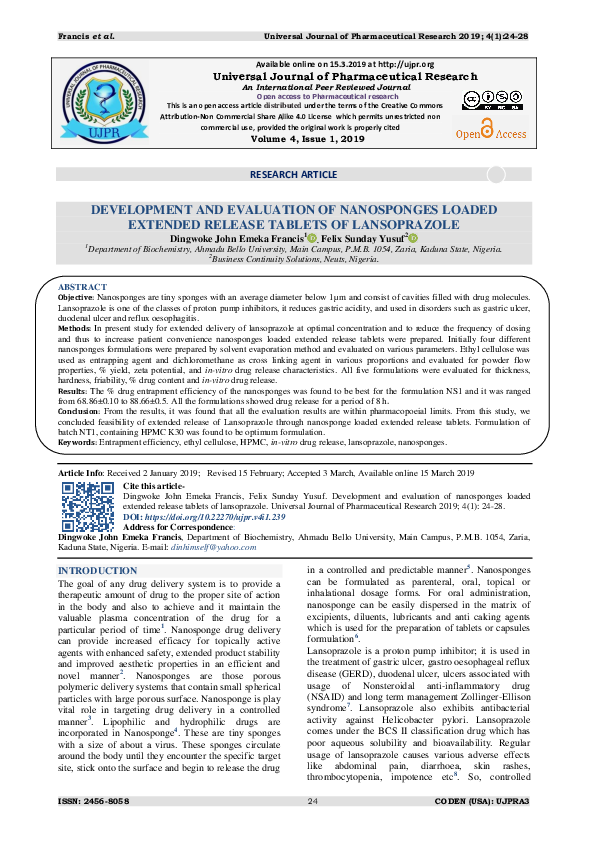 (PDF) Development and Evaluation of Nanosponges Loaded Extended Release ...