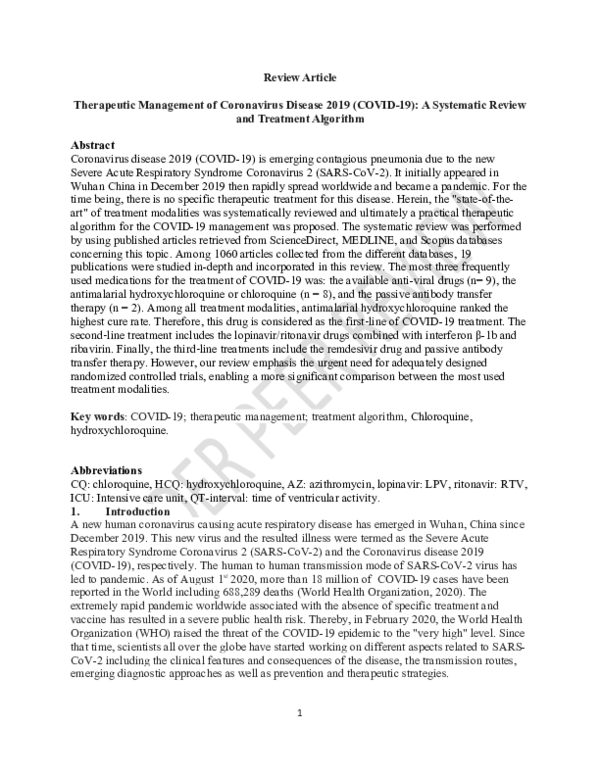 (DOC) Therapeutic Management of Coronavirus Disease 2019 (COVID-19): A ...