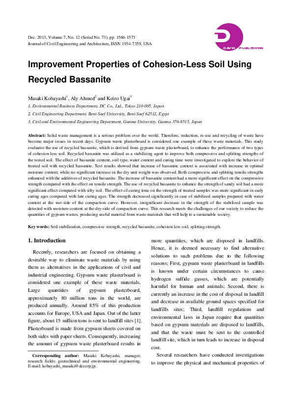 (PDF) Improvement Properties of Cohesion-Less Soil Using Recycled Bassanite