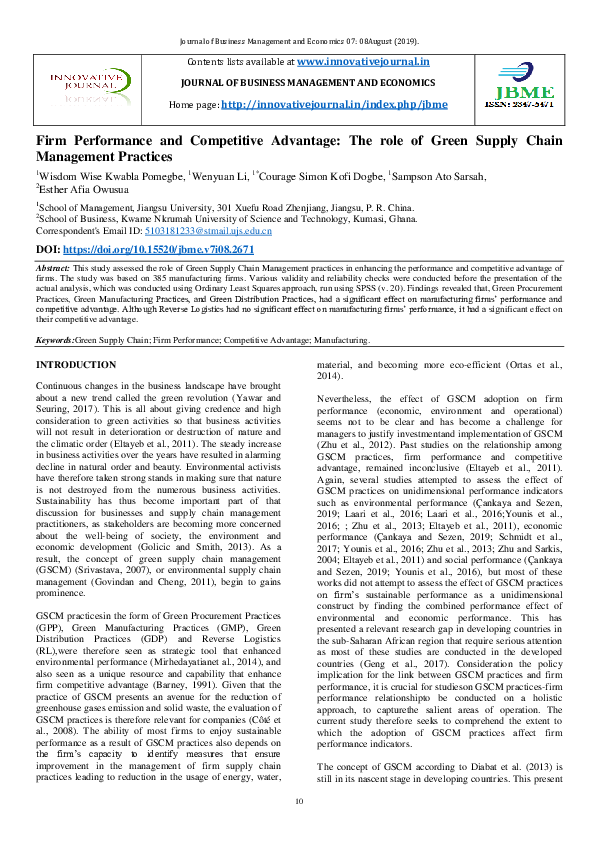 (PDF) Firm Performance and Competitive Advantage: The role of Green ...