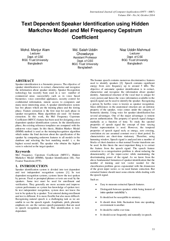 (PDF) Text Dependent Speaker Identification using Hidden Markchov Model ...