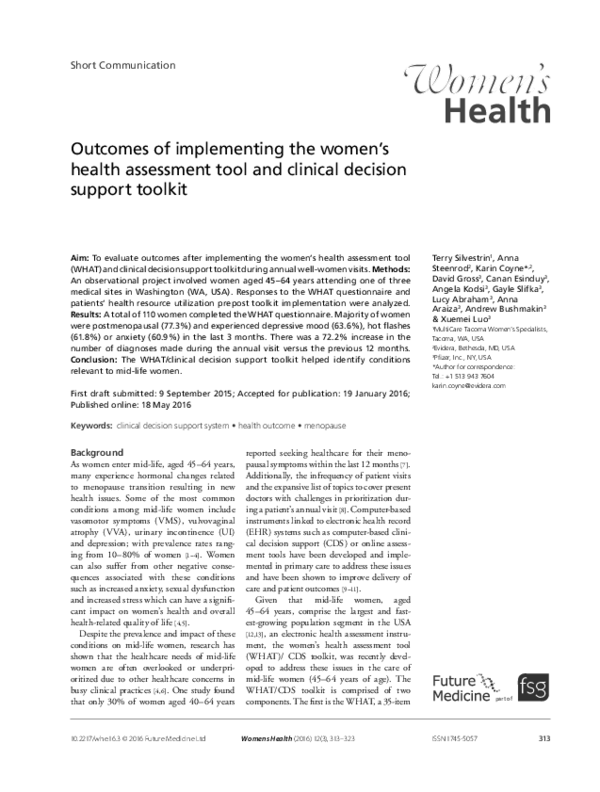 (PDF) Outcomes of implementing the women's health assessment tool and ...
