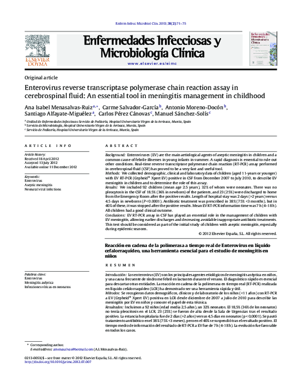 (PDF) Enterovirus RT-PCR in CSF for Meningitis in Kids