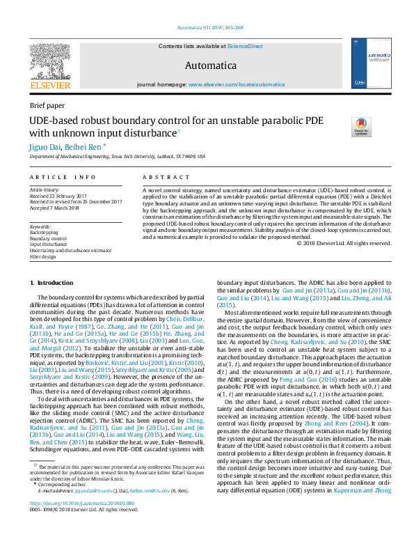 (PDF) UDE-based robust boundary control for an unstable parabolic PDE ...