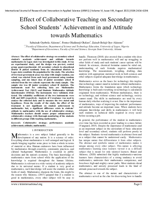 (PDF) Effect of Collaborative Teaching on Secondary School Students ...