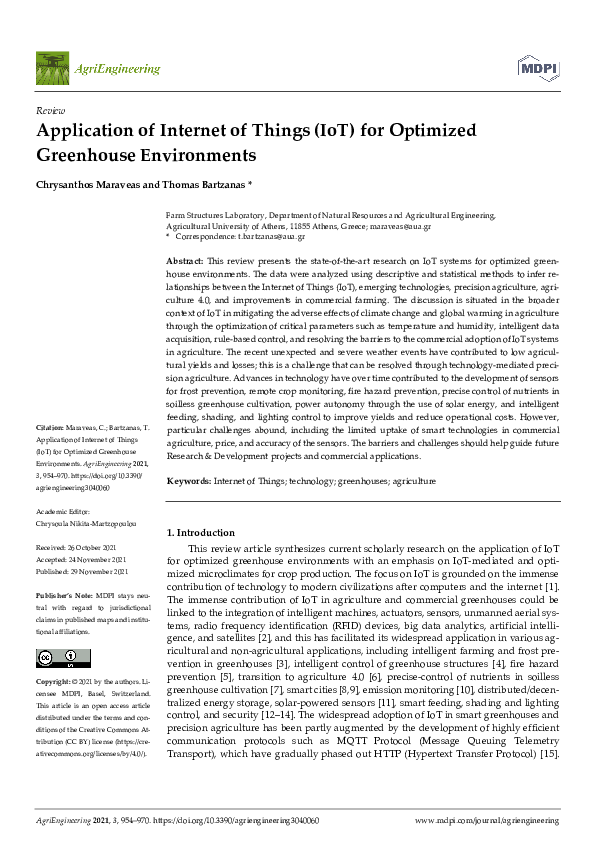 (PDF) Application of Internet of Things (IoT) for Optimized Greenhouse ...