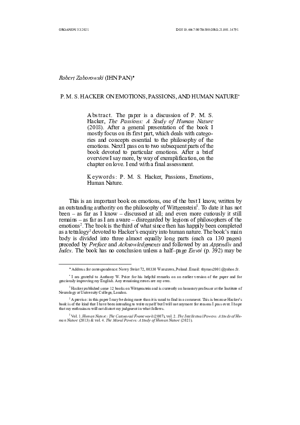 (PDF) P. M. S. Hacker on Emotions, Passions, and Human Nature Robert