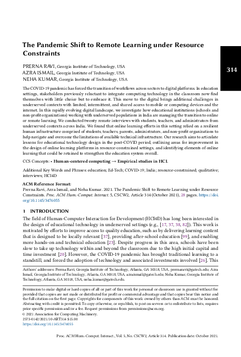 (PDF) The Pandemic Shift to Remote Learning under Resource Constraints