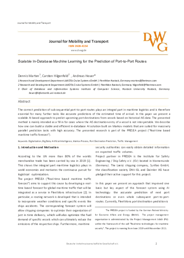 Scalable In-Database Machine Learning for the Prediction of Port-to-Port Routes