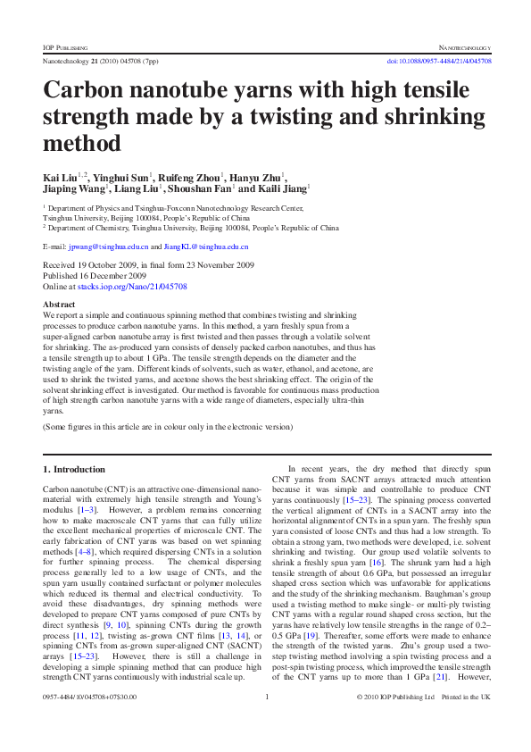 (PDF) Carbon nanotube yarns with high tensile strength made by a ...