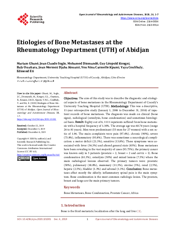 (PDF) Etiologies of Bone Metastases at the Rheumatology Department (UTH ...