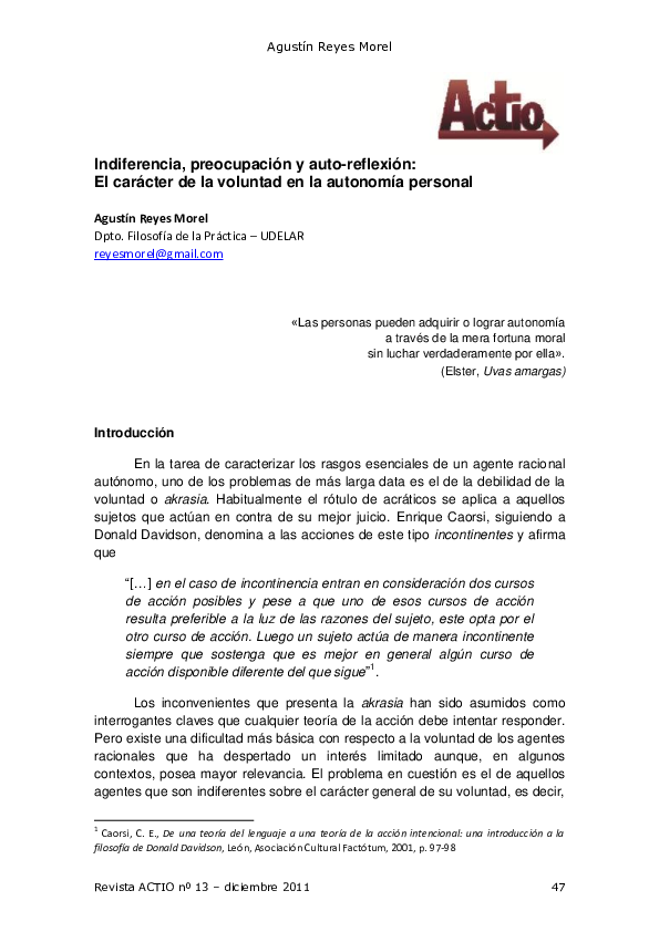 Indiferencia, preocupación y auto-reflexión: el carácter de la voluntad en la autonomía personal