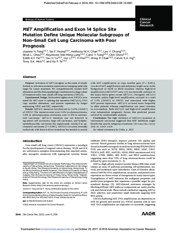 (PDF) MET amplification and exon 14 splice site mutation define unique ...