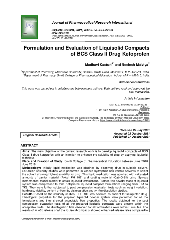 (PDF) Formulation and Evaluation of Liquisolid Compacts of BCS Class II ...
